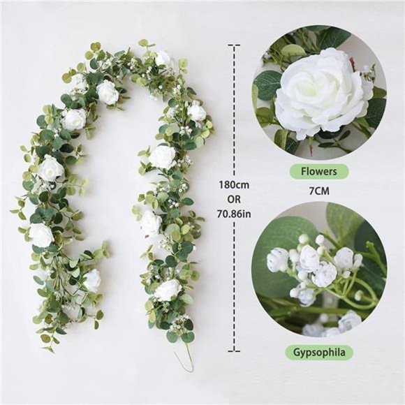 5.91FT Artificial Eucalyptus Garland with Flowers, Fake Rose Gypsophila Garland - Picture 2 of 7